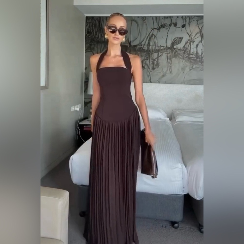 Meshki Brown Pleated Halter Maxi Gown- VIRAL. Sold out - Picture 1 of 5